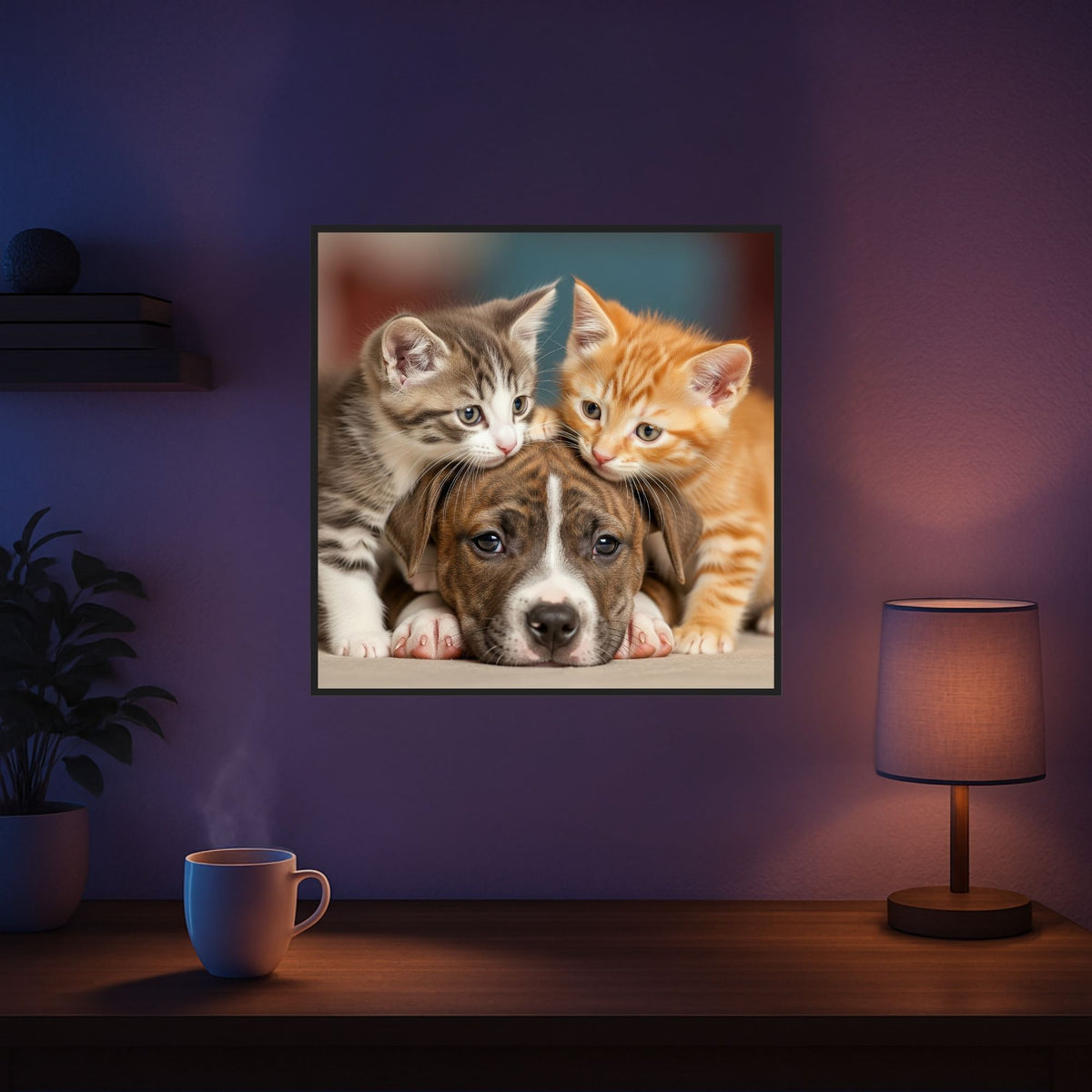 Diamond Painting Set Friends for Life mit süßem Hund und zwei Katzen als fertiges, funkelndes Tier-Motiv an der Wand.