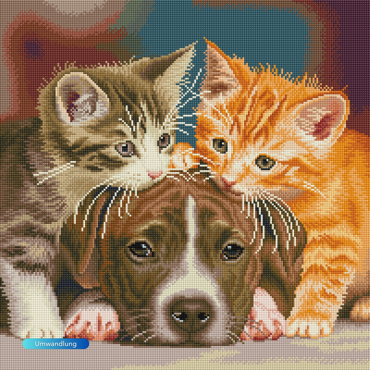 Diamond Painting Set Friends for Life mit süßen Katzen und einem Hund, funkelnde Steinchen auf quadratischer Leinwand
