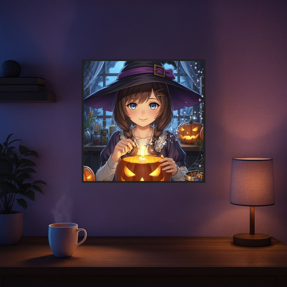 Diamond Painting Set Little Sabrina mit Anime Hexe, Kerzenschein und Kürbissen im glitzernden Halloween-Design