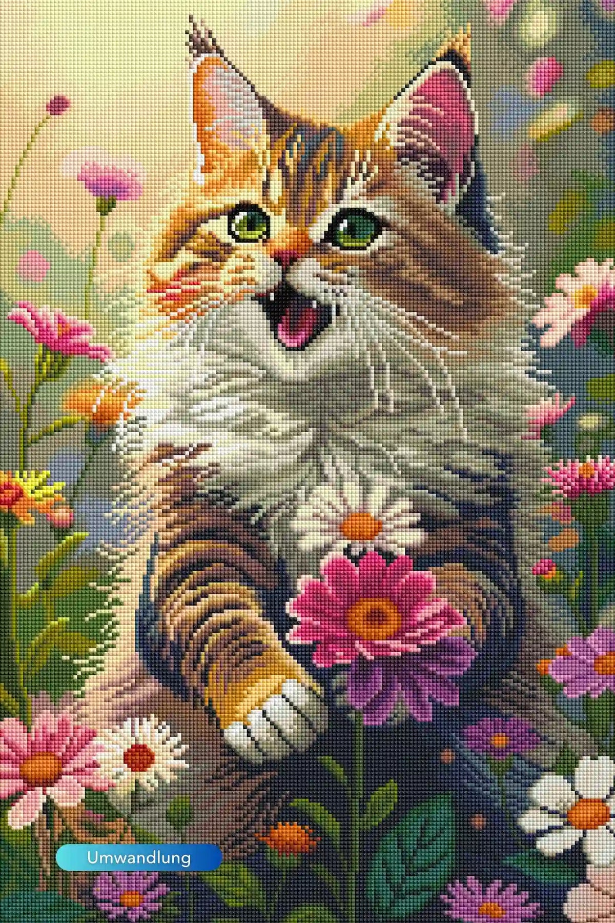 Diamond Painting Set Lucy mit süßer Katze in einem bunten Beet aus pinken und weißen Blumen für glitzernde Bastelkunst