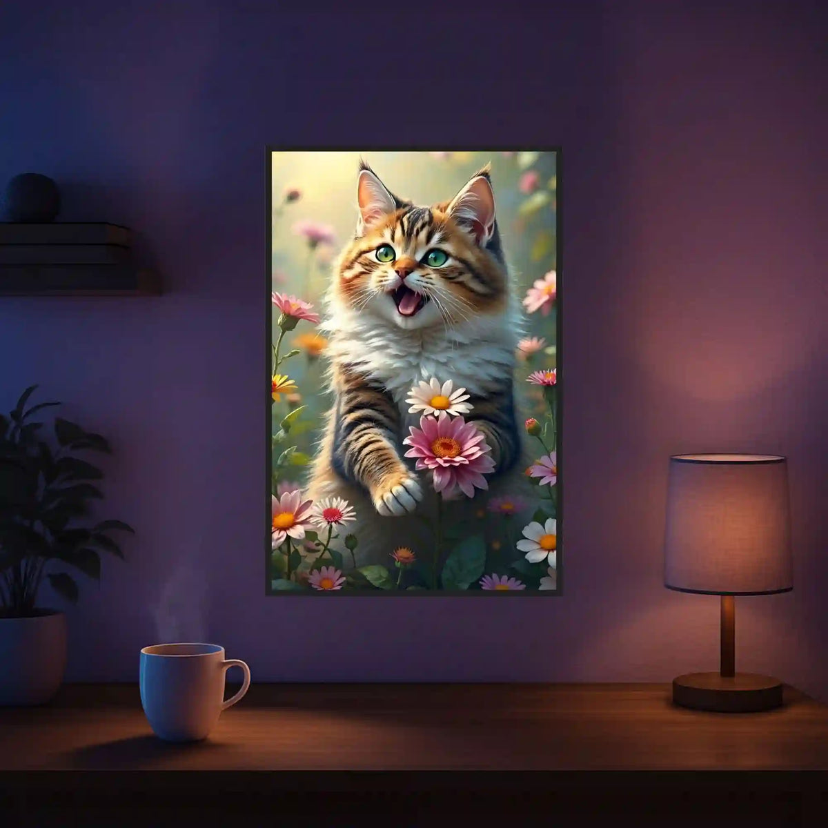 Diamond Painting Set Lucy mit süßer Katze und bunten Blumen für kreative DIY-Kunst, 40x60cm Wandbild im modernen Wohnraum.