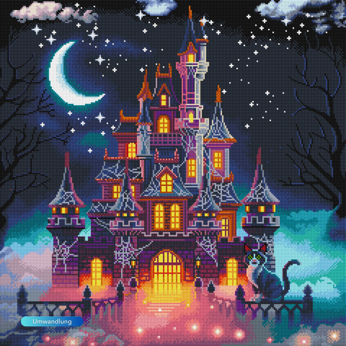 Diamond Painting Nachtschloss mit magischem Fantasy-Schloss, Katze und Mond im Sternenhimmel für kreative Deko-Projekte