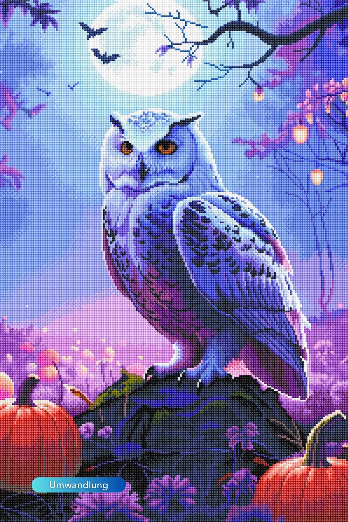 Diamond Painting Set Nachtwächter: Mystische Eule vor Vollmond mit Kürbissen, leuchtende Farben in 50x75cm