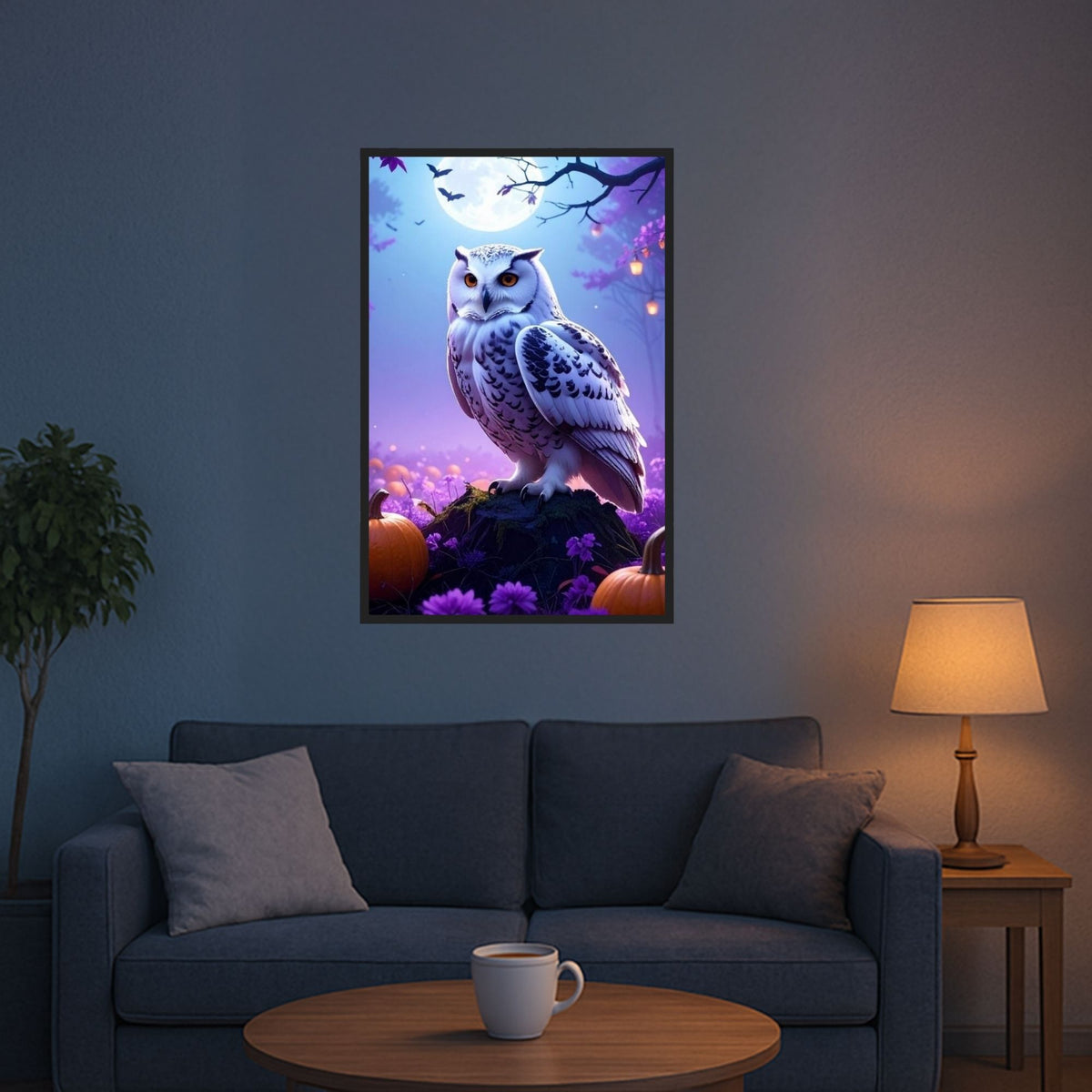Diamond Painting Eule im Mondschein bei Nacht mit Kürbissen als mystisches Wandbild für DIY-Liebhaber