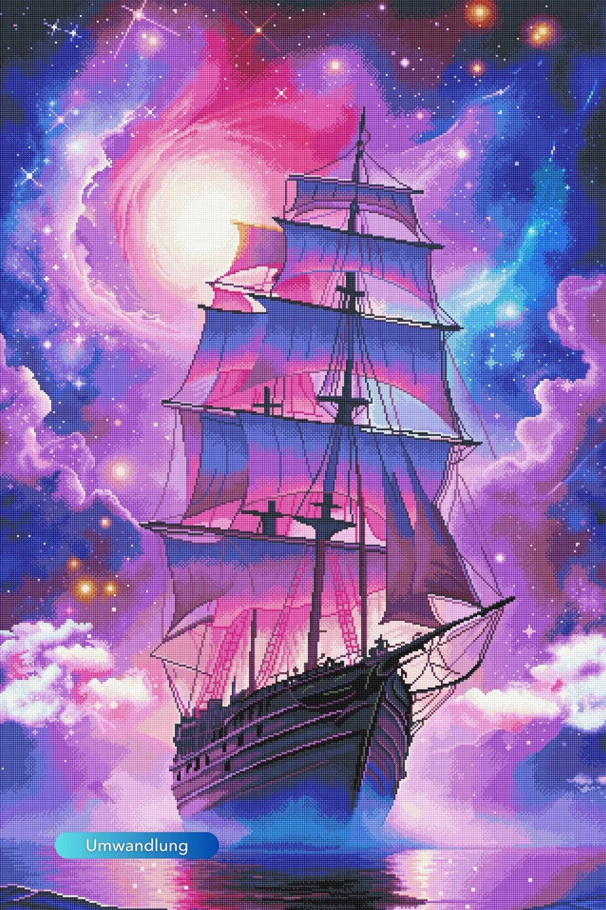 Diamond Painting XXL Starlight Ocean mit Segelschiff vor buntem lila Fantasy-Himmel und leuchtenden Sternen.