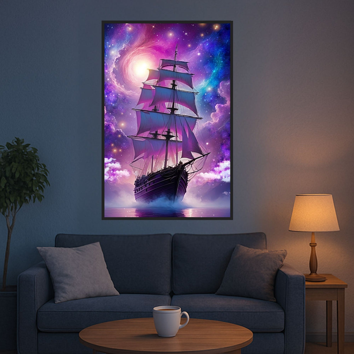 XXL Diamond Painting Starlight Ocean mit Segelschiff unter buntem Lila-Nebel im Weltraum als Wanddekoration.