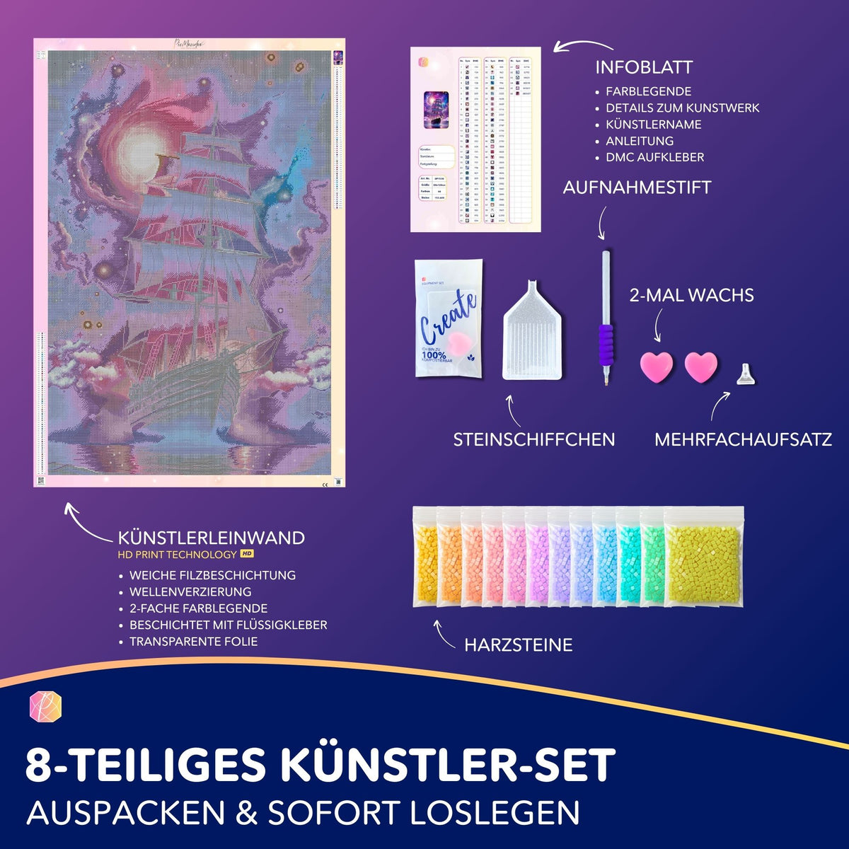 Diamond Painting Set XXL Starlight Ocean mit Segelschiff Motiv, Zubehör und Harzsteinen für kreativen Bastelspaß.
