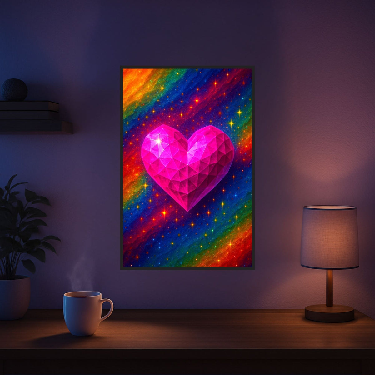 Diamond Painting Herzkristall mit pinkem Facettenherz vor buntem Sternenhimmel in einem gemütlichen Wohnzimmer