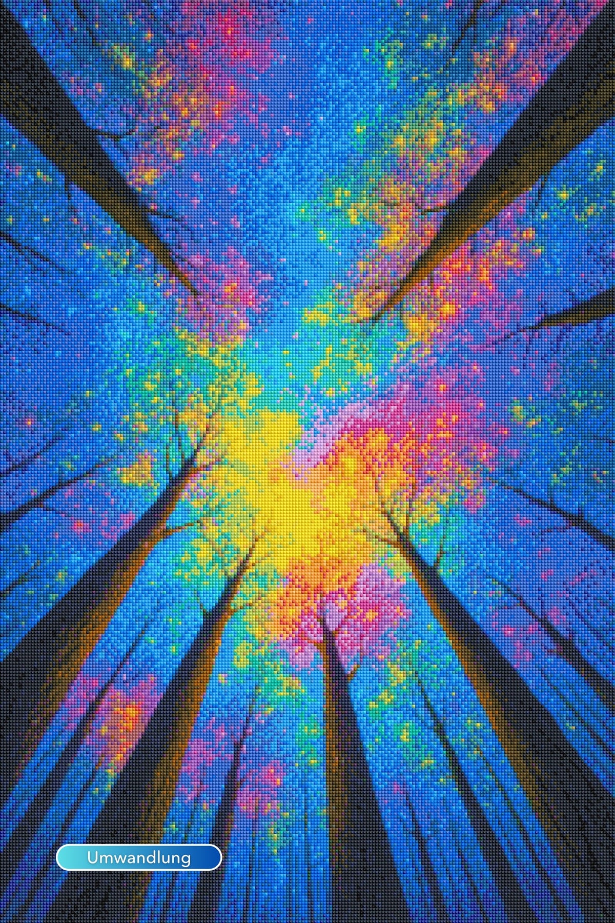 Diamond Painting Set Regenbogenwald mit farbenfrohem Baum-Motiv und glitzernden Strasssteinen in Regenbogenfarben