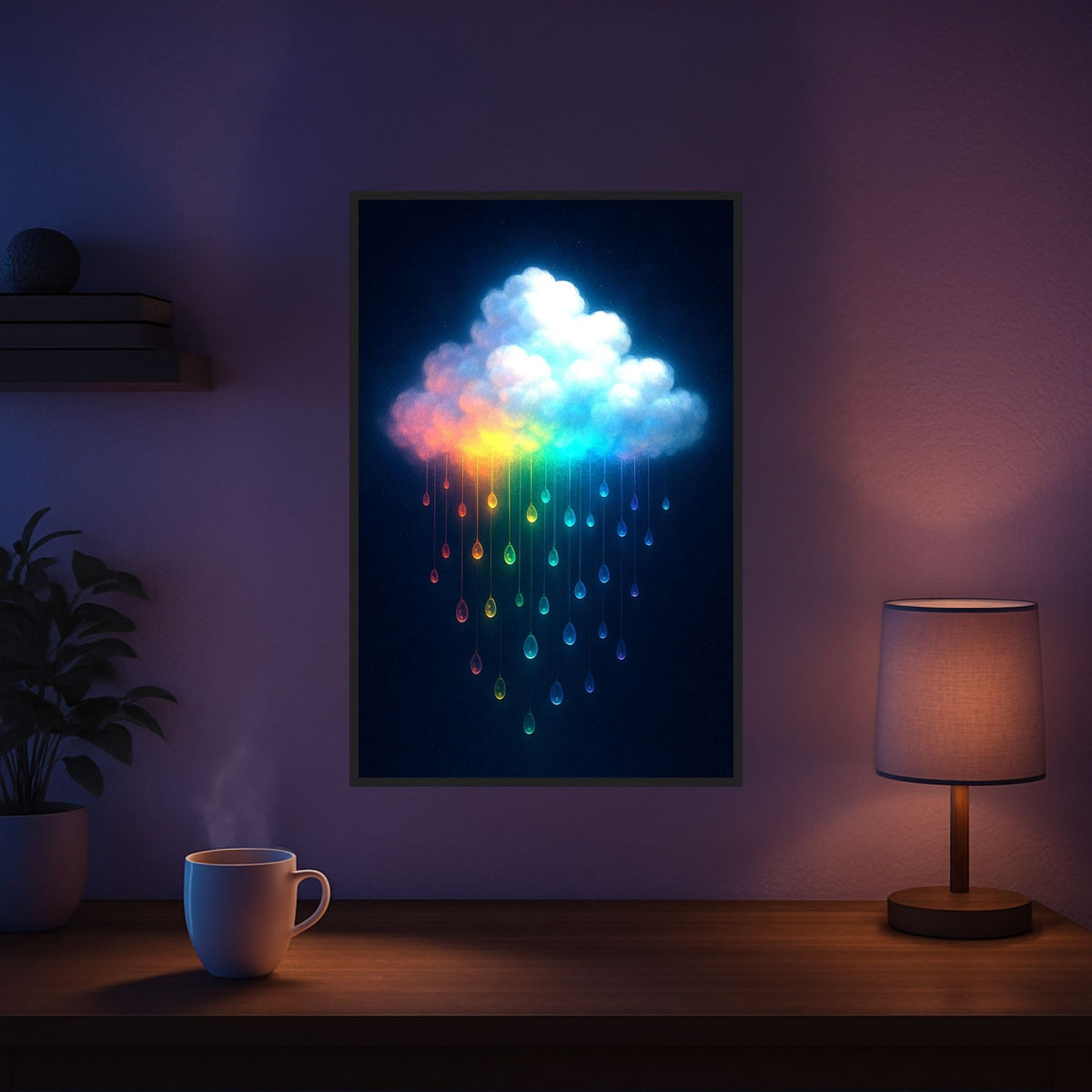Diamond Painting Set Regenbogenwolke mit bunten Regentropfen und Glitzersteinen als dekorative Wandkunst