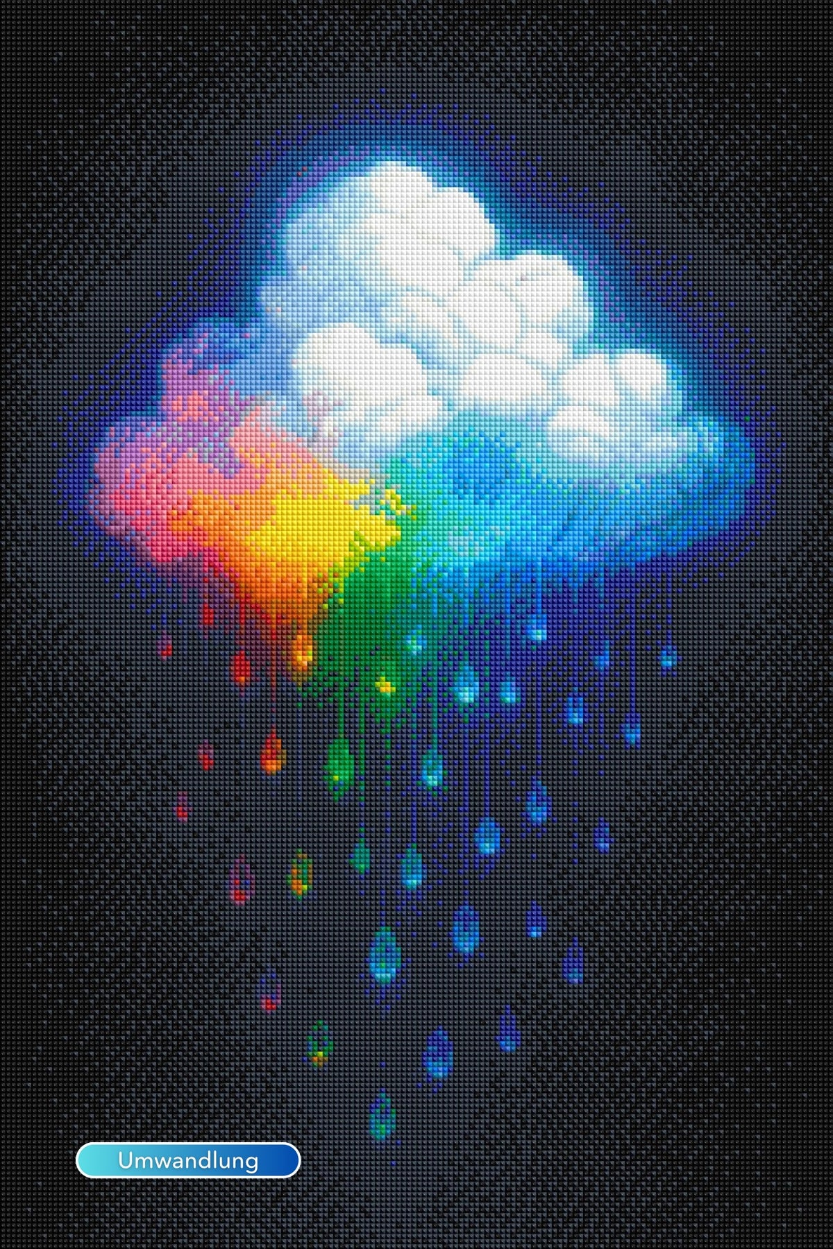 Diamond Painting Set Regenbogenwolke mit bunten Regentropfen und Glitzersteinen vor einem dunklen Nachthimmel