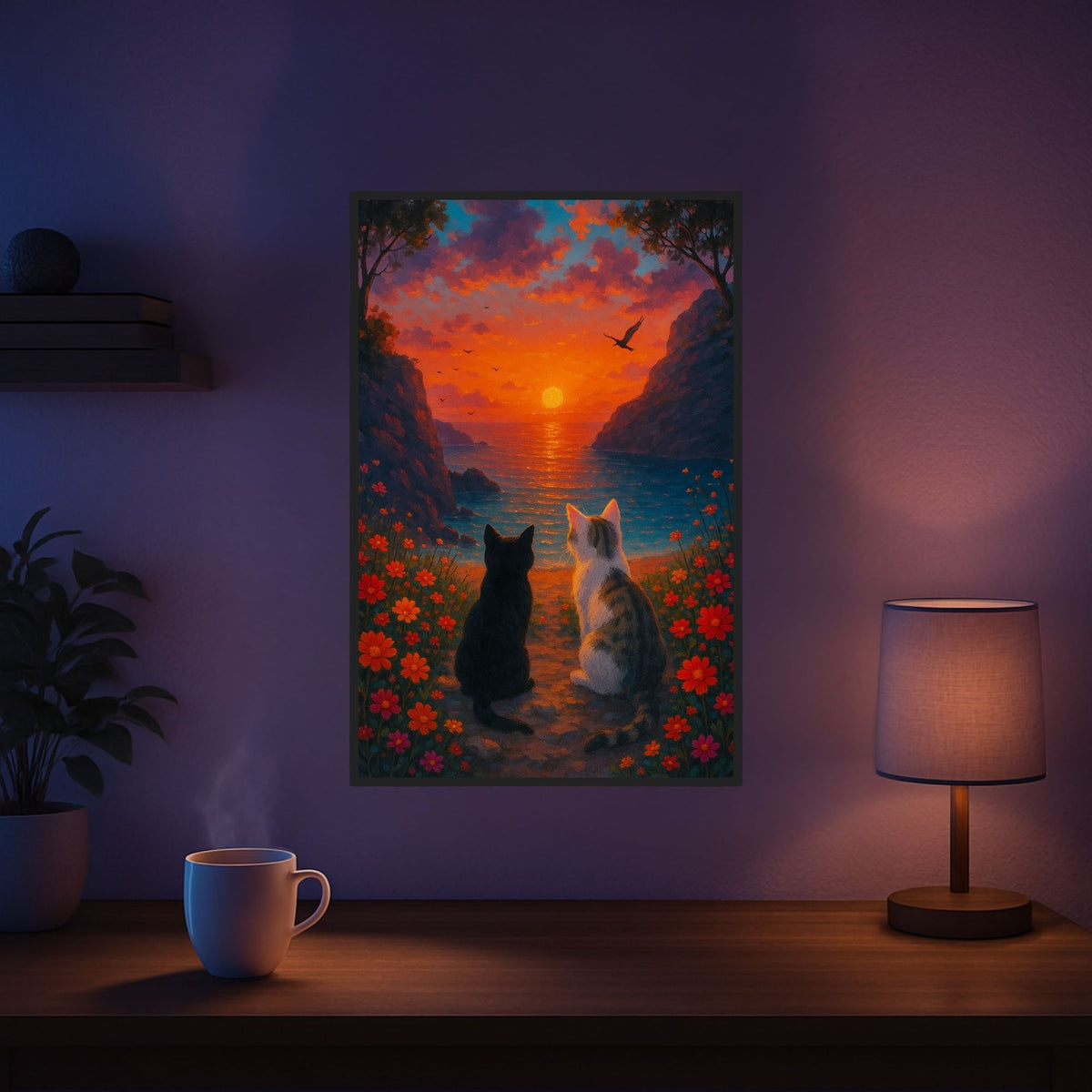 Diamond Painting Set Wir zwei Katzen mit Sonnenuntergang am Meer und Blumenwiese für entspannendes Hobby