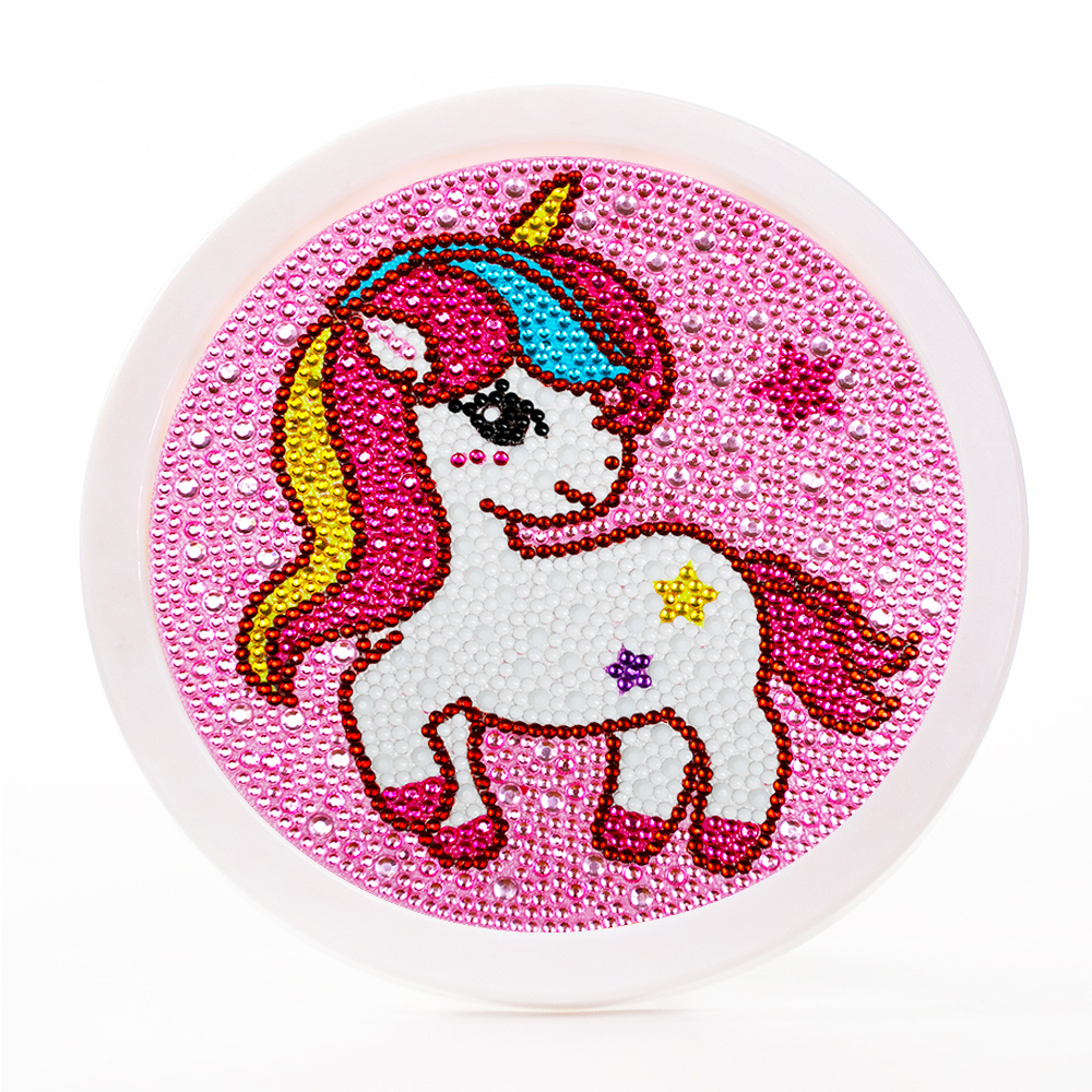 Diamond Painting für Kinder mit Einhorn Motiv in Pink, rundes Set mit Rahmen und glitzernden Steinen