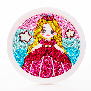 Rundes Diamond Painting für Kinder mit Prinzessin-Motiv in Pink, fertig gestaltet in weißem Rahmen