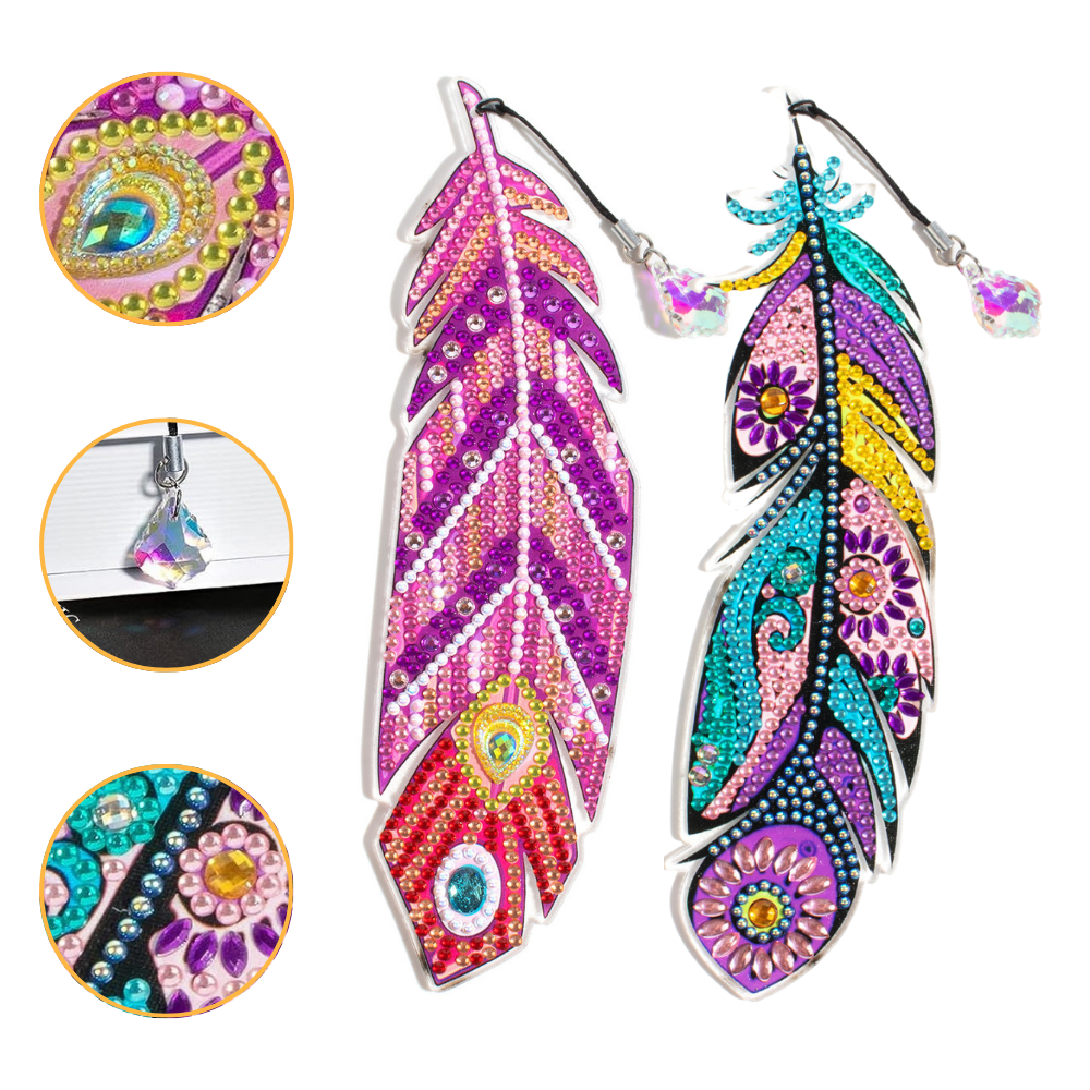 2er Set Diamond Painting Lesezeichen mit buntem Feder-Motiv und glitzernden Schmucksteinen für DIY-Bastelfans