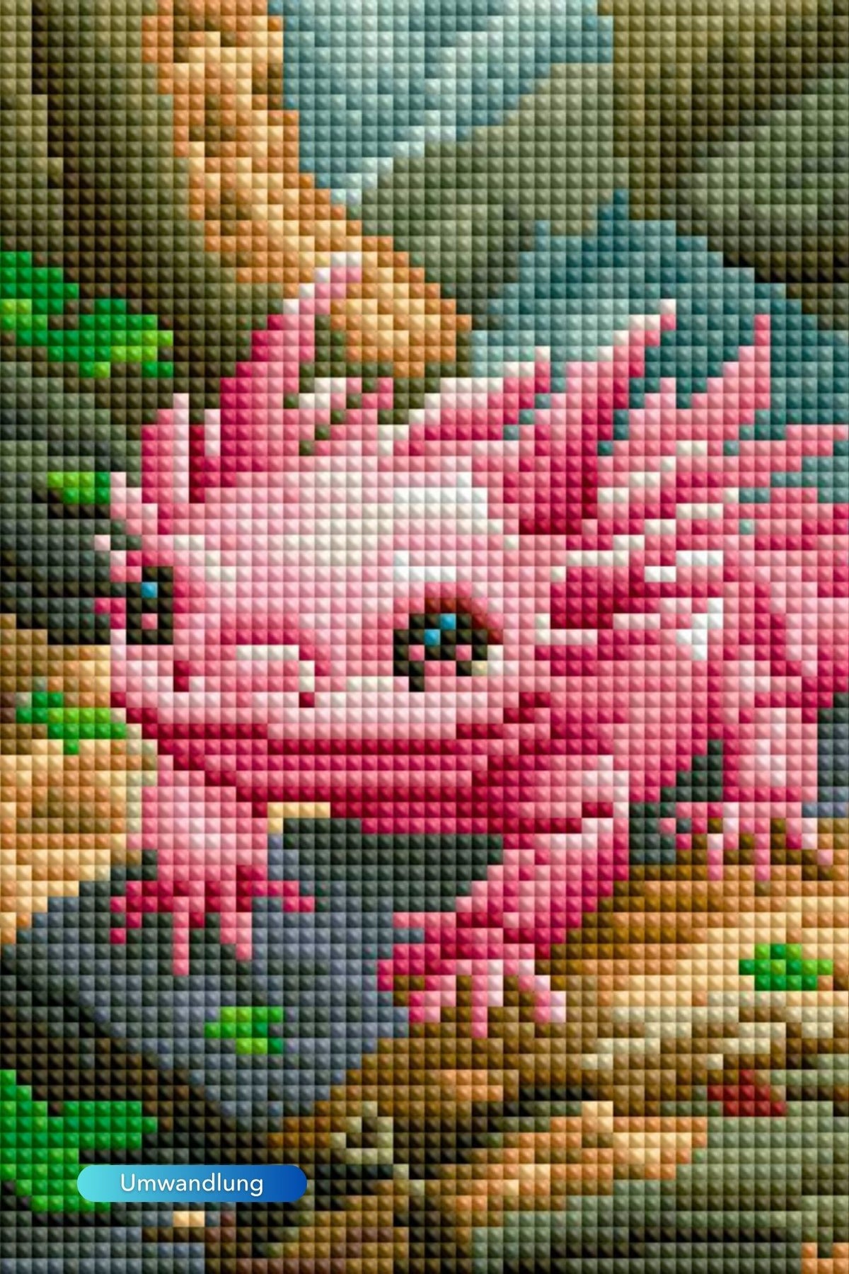 Diamond Painting Set mit süßem rosa Axolotl Motiv in 15x20cm für kreative DIY Kunstwerke