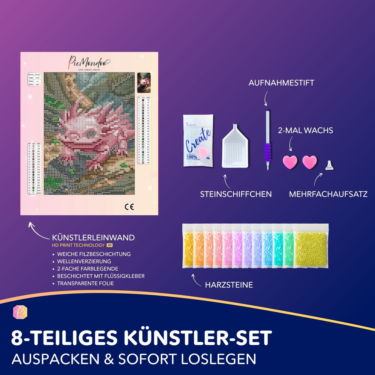 Diamond Painting Set Mini mit buntem Axolotl Motiv inklusive Leinwand, Glitzersteinen und Bastelzubehör für kreative Projekte