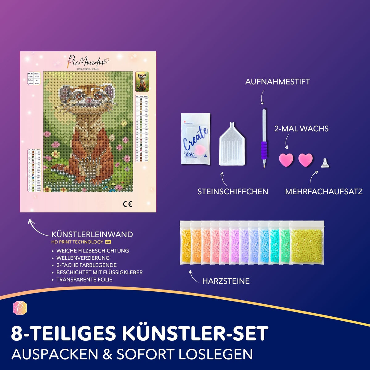 Diamond Painting Set Eddi das Erdmännchen mit Zubehör, 15x20cm Leinwand, bunten Harzsteinen und Werkzeug für kreativen Spaß.