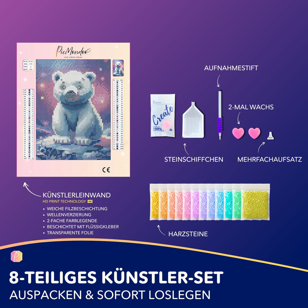 Diamond Painting Set Eisbär Hugo mit Leinwand, bunten Harzsteinen und Zubehör für DIY-Bastelspaß