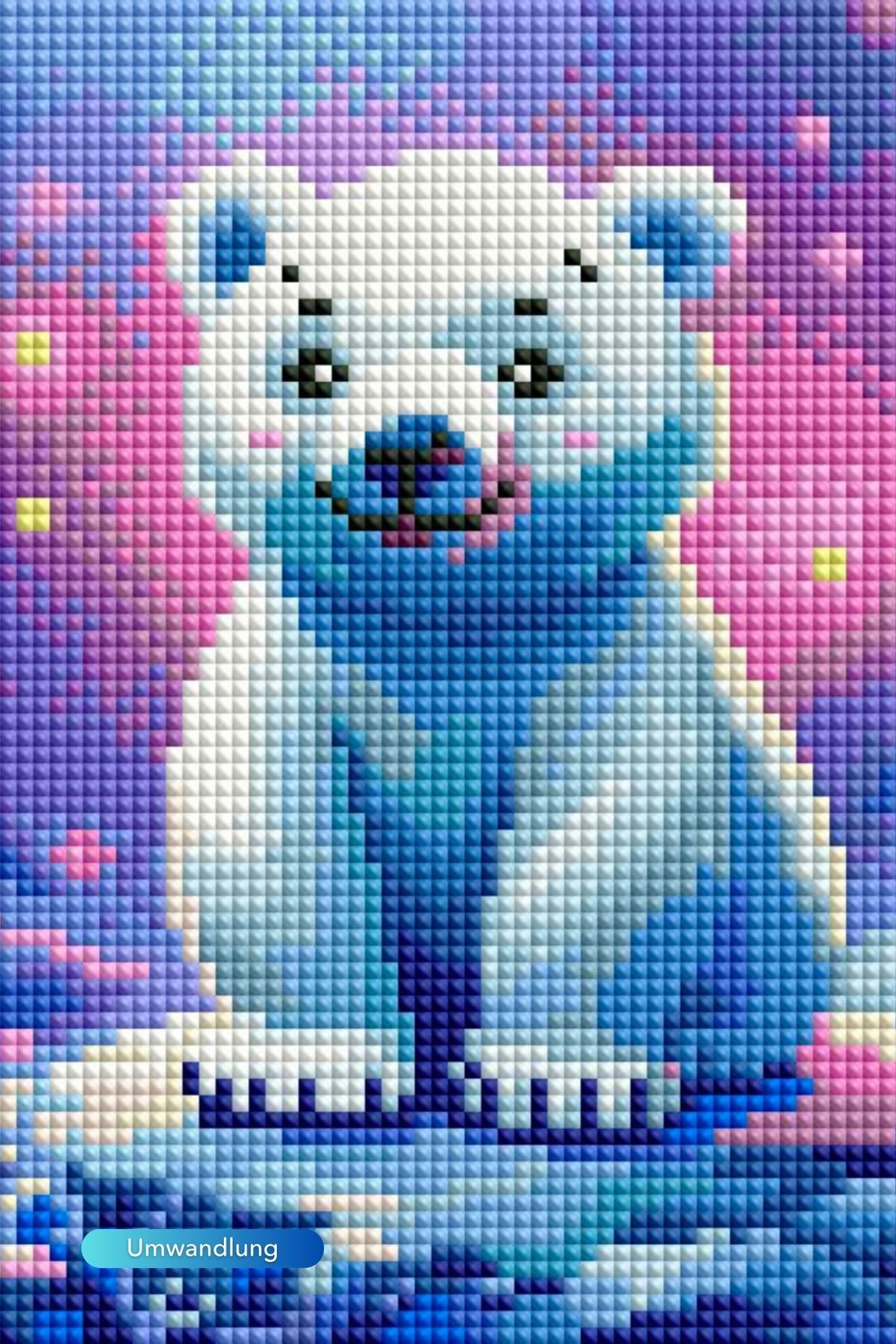 Diamond Painting Mini Motiv Eisbär Hugo mit bunten Glitzersteinen auf einer 15x20cm Leinwand