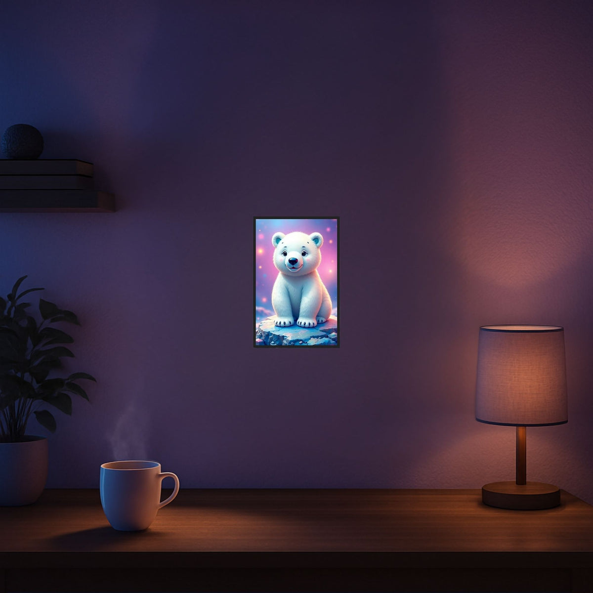 Diamond Painting Set Eisbär Hugo als süßes Tier-Motiv in einem gemütlichen Wohnzimmer an einer dunklen Wand präsentiert.