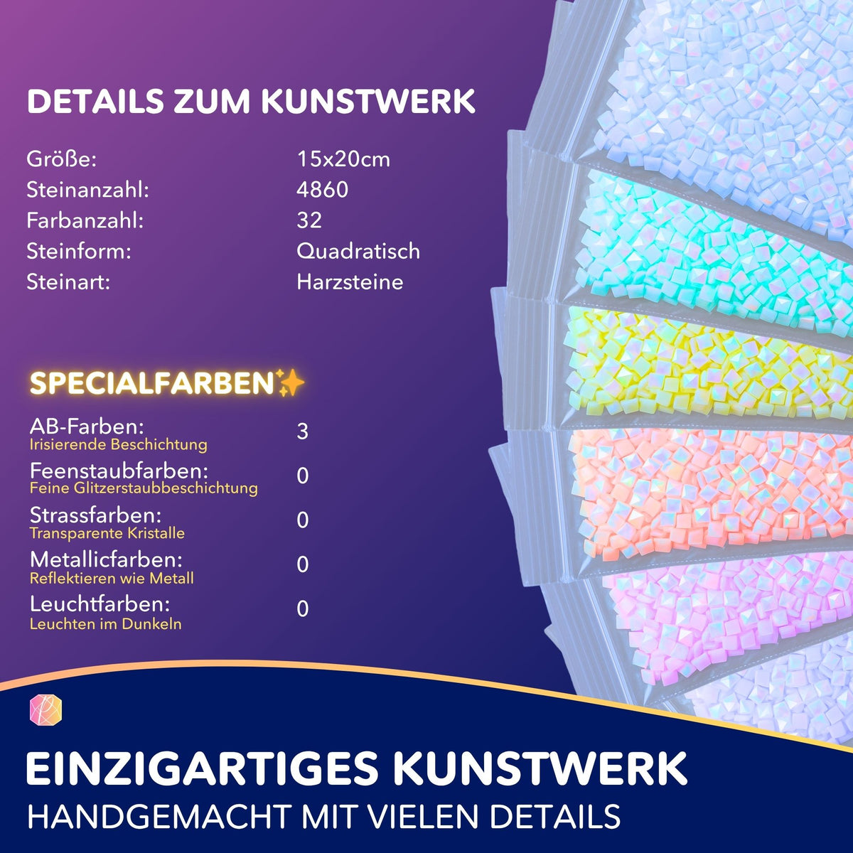 Diamond Painting Set Produktdetails mit quadratischen Steinen in bunten Pastellfarben und irisierenden AB-Steinen