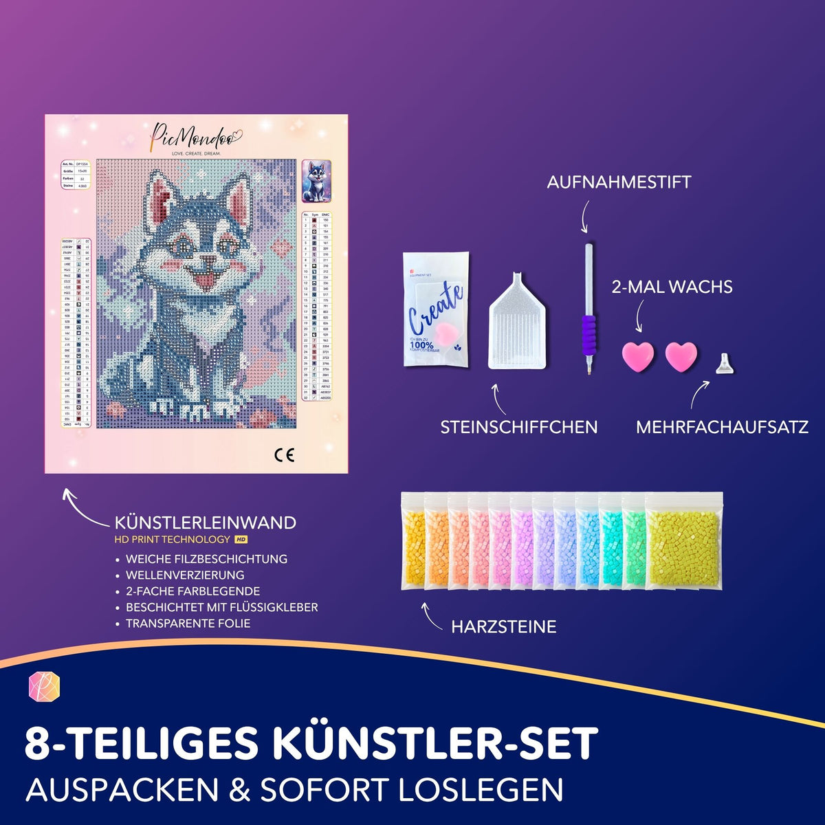 Diamond Painting Set Husky Happy mit Leinwand, bunten Harzsteinen und Zubehör für DIY-Bastelspaß