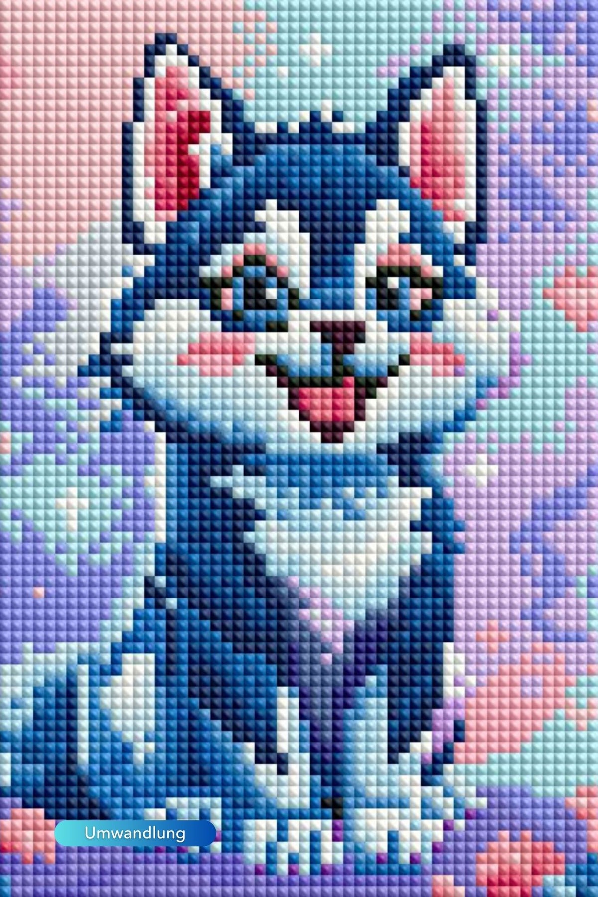 Diamond Painting Set eines süßen Huskys in bunten Farben mit glitzernden Steinen auf Leinwand 15x20cm