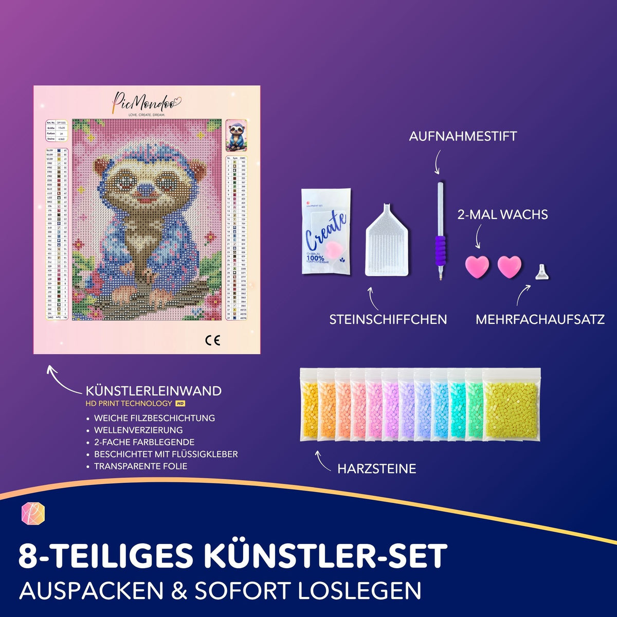 Diamond Painting Set Mini mit süßem Faultier Motiv, inklusive Leinwand, bunten Glitzersteinen und Bastel-Werkzeug.