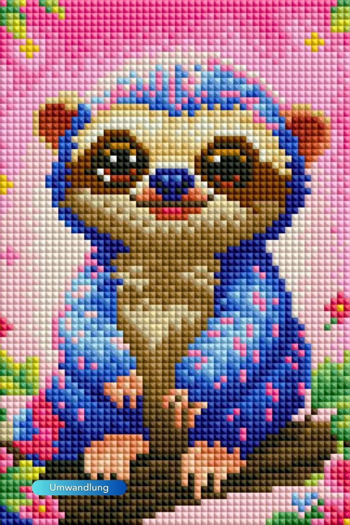 Diamond Painting Set kleines Faultier mit bunten Glitzersteinen vor einem pinken Hintergrund
