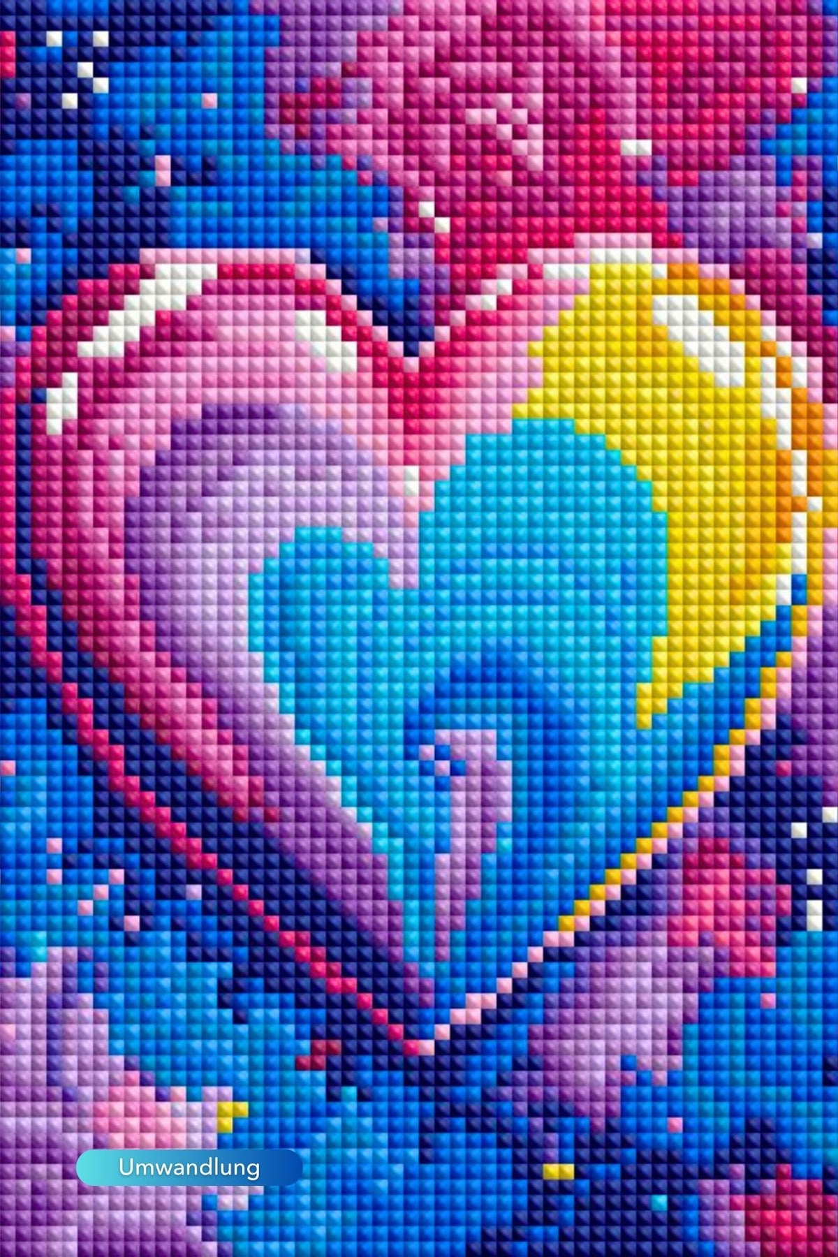 Diamond Painting Set Motiv Love mit buntem Herz aus glitzernden Steinchen auf abstraktem Hintergrund