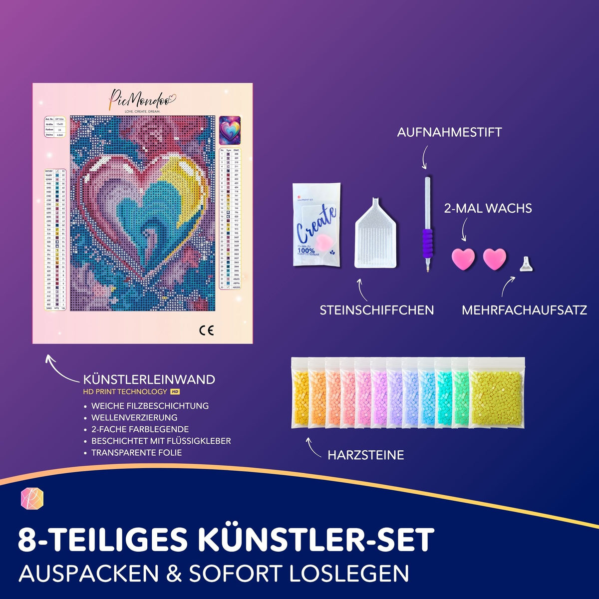 Diamond Painting Set Love mit buntem Herz-Motiv, Künstlerleinwand, Harzsteinen, Aufnahmestift und Zubehör im 8-teiligen Set