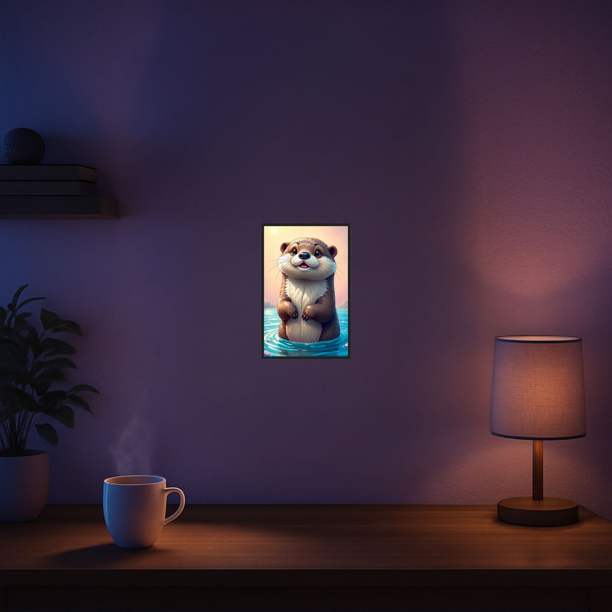 Diamond Painting Set mit süßem Otter Motiv als gerahmtes Wandbild im gemütlichen Zimmer