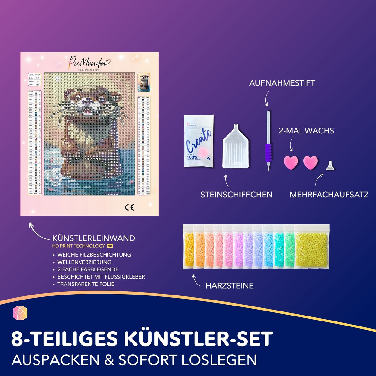 Diamond Painting Set Otti mit niedlichem Otter Motiv, Leinwand, bunten Harzsteinen und Zubehör für DIY Kunstwerke.