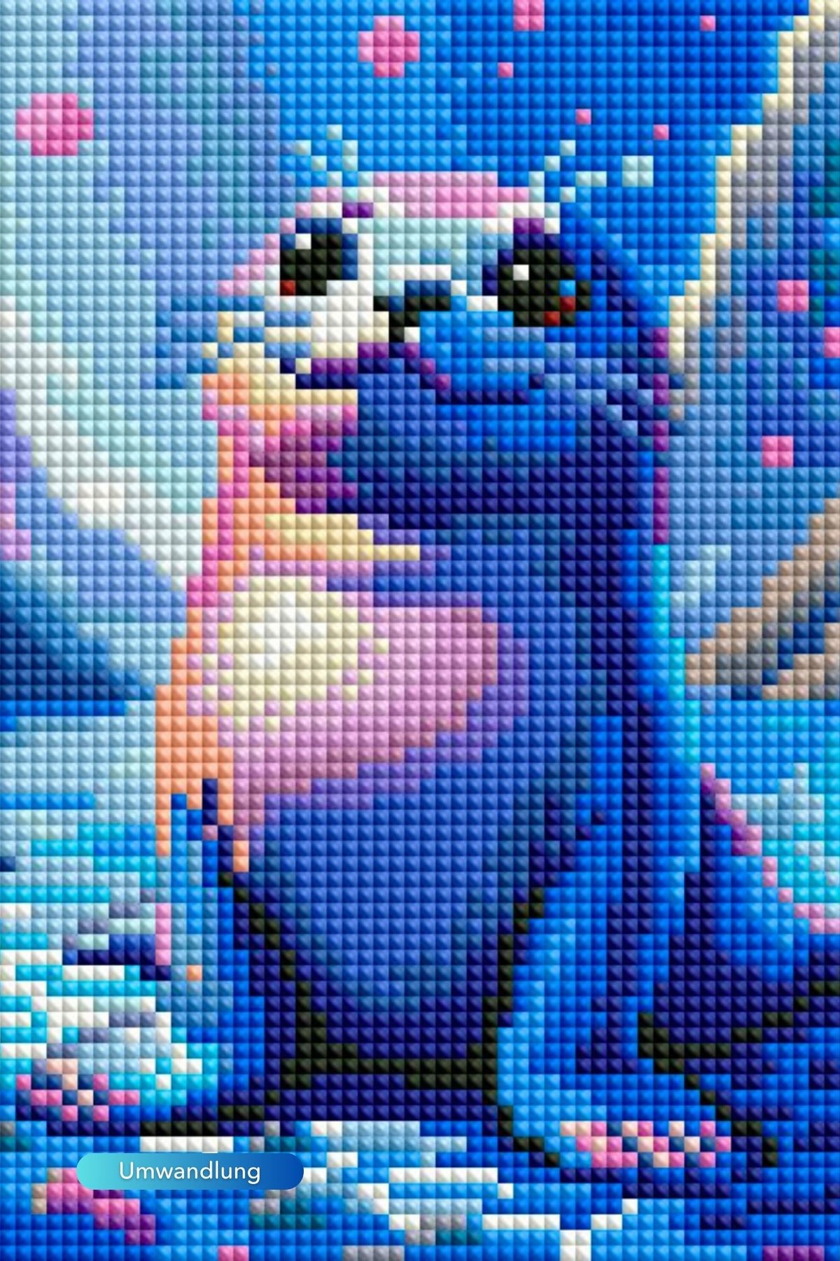 Diamond Painting Set Robin: Buntes, glitzerndes Motiv einer süßen Robbe im Wasser im 20x15cm Format.