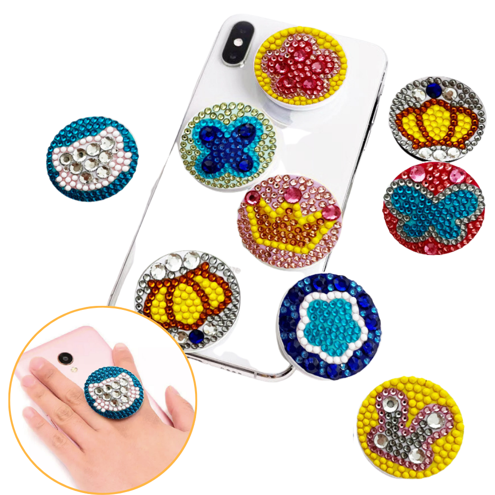 Diamond Painting Pop-Griff Zubehör für Smartphone mit bunten Diamanten Motiven wie Kronen, Blumen und Schmetterlingen