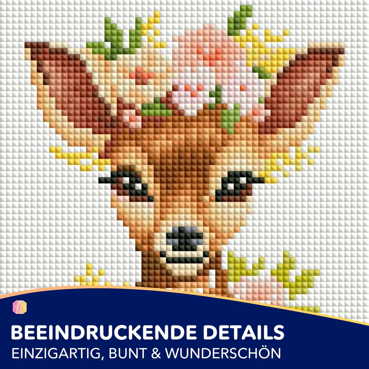 Diamond Painting Set mit süßem Rehkitz-Motiv, verziert mit zarten rosa Blumen und bunt glitzernden Steinchen.