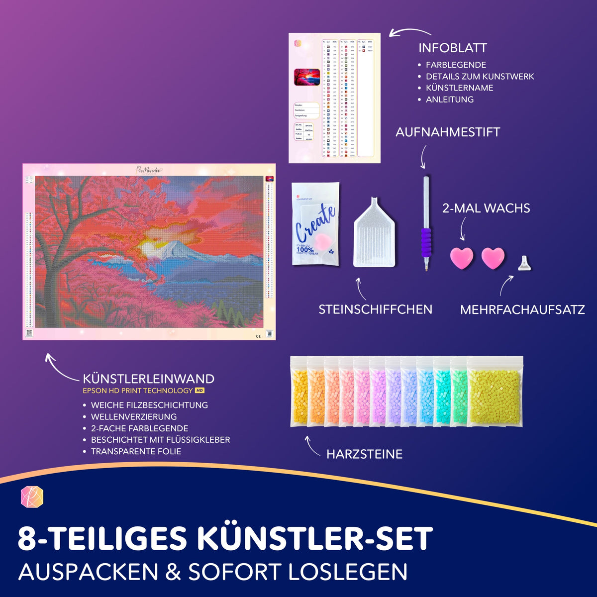 Diamond Painting Set Berg der Kirschblüten mit Leinwand, bunten Harzsteinen und Zubehör für DIY-Kunstwerke