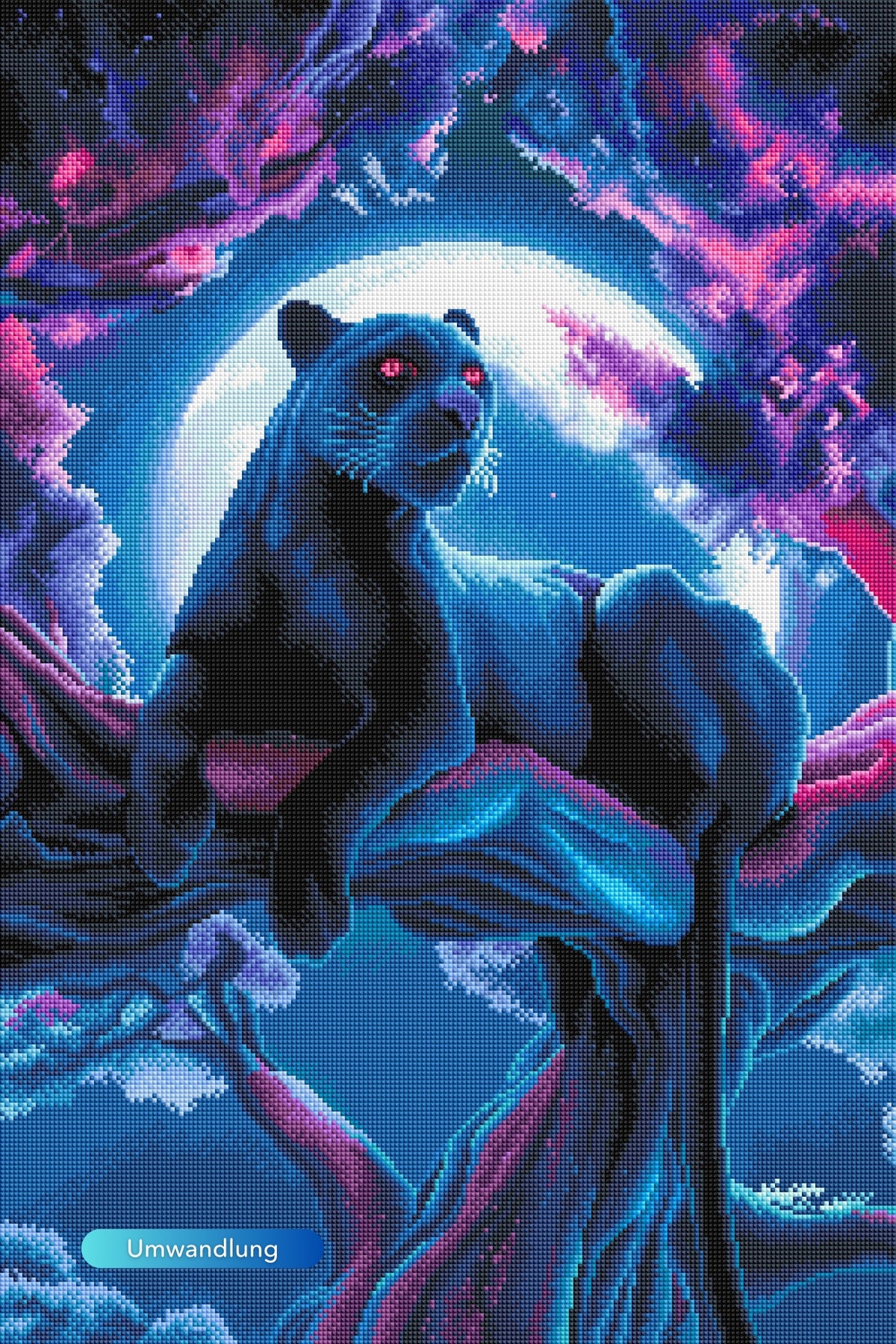 Diamond Painting Set eines schwarzen Panthers auf einem Kirschblütenbaum vor einem leuchtenden Vollmond