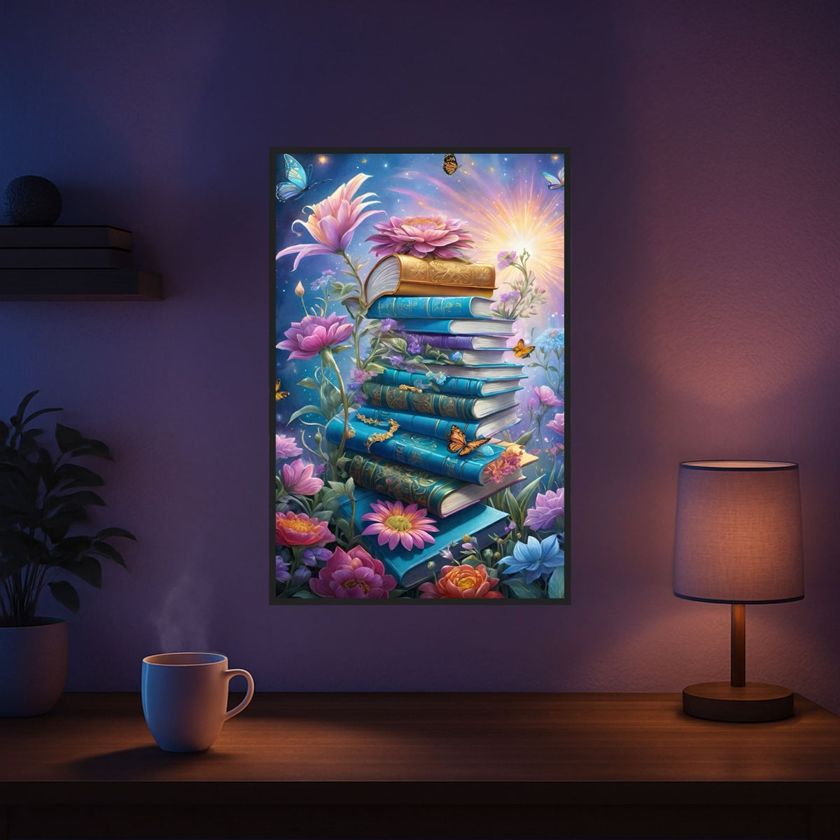 Diamond Painting Set Book Lovers mit bunten Büchern, Blumen und goldenen Schmetterlingen in traumhafter Fantasy-Optik.