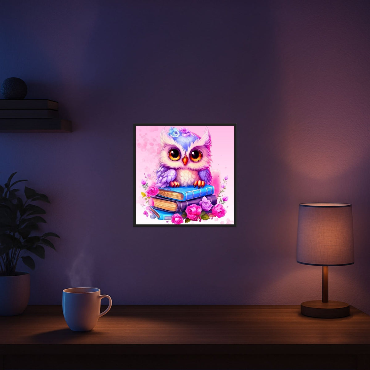 Diamond Painting Set Büchereule mit süßer Eule auf Büchern und rosa Blumen, verspieltes Motiv für Kreative