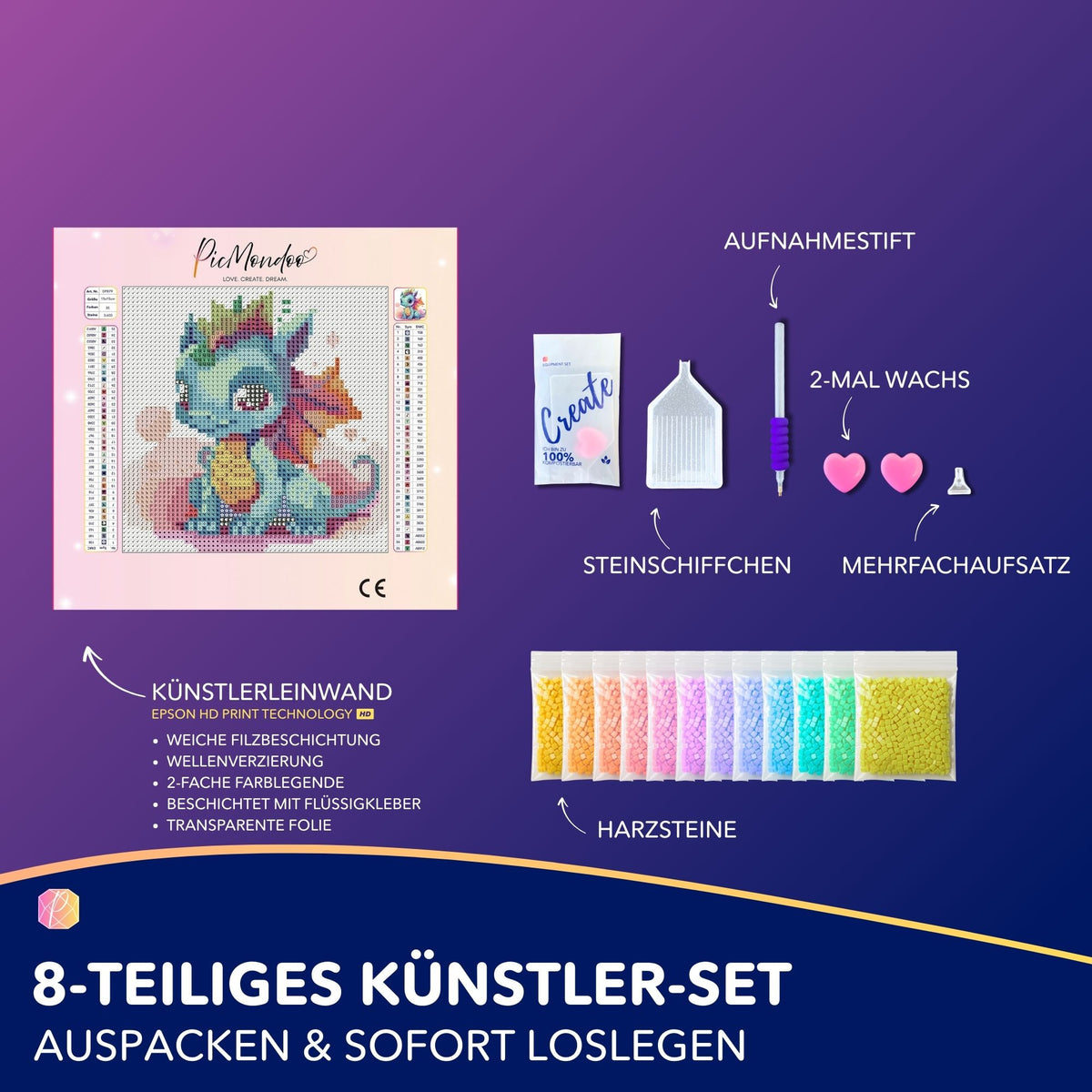 Diamond Painting Set Mini mit süßem Babydrache, Motiv-Leinwand, Harzsteinen und Zubehör für kreatives Basteln.