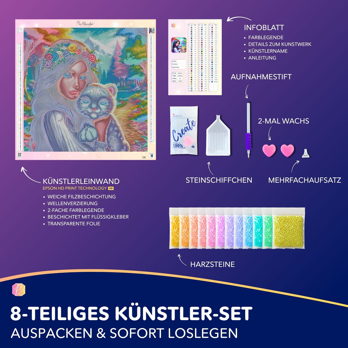 Diamond Painting Set Amira's Paradies mit Fantasy Motiv, glitzernden Harzsteinen und Zubehör für DIY Kunstwerke.