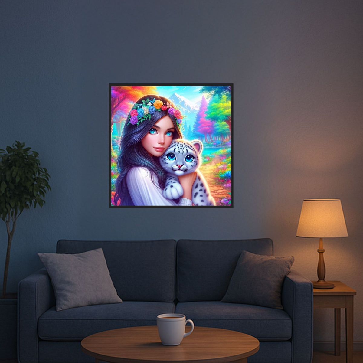 Diamond Painting Set Amira’s Paradies mit Frau, Blumenkranz und Leopardenbaby in bunter Fantasy-Landschaft.