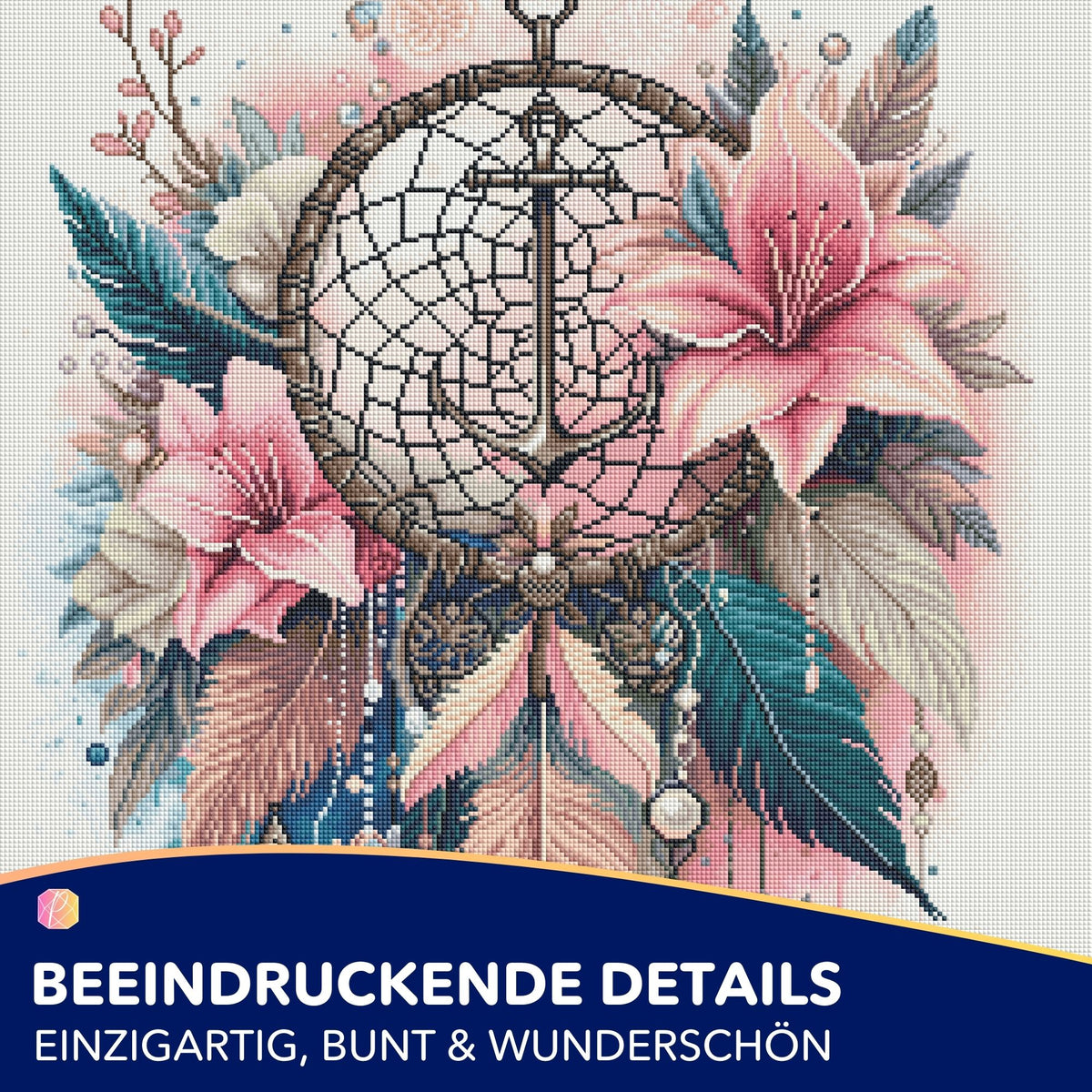 Diamond Painting Set Dream Anker mit Anker-Motiv, Blumen und Federn in zarten Rosa- und Grüntönen für DIY-Kunstwerke.
