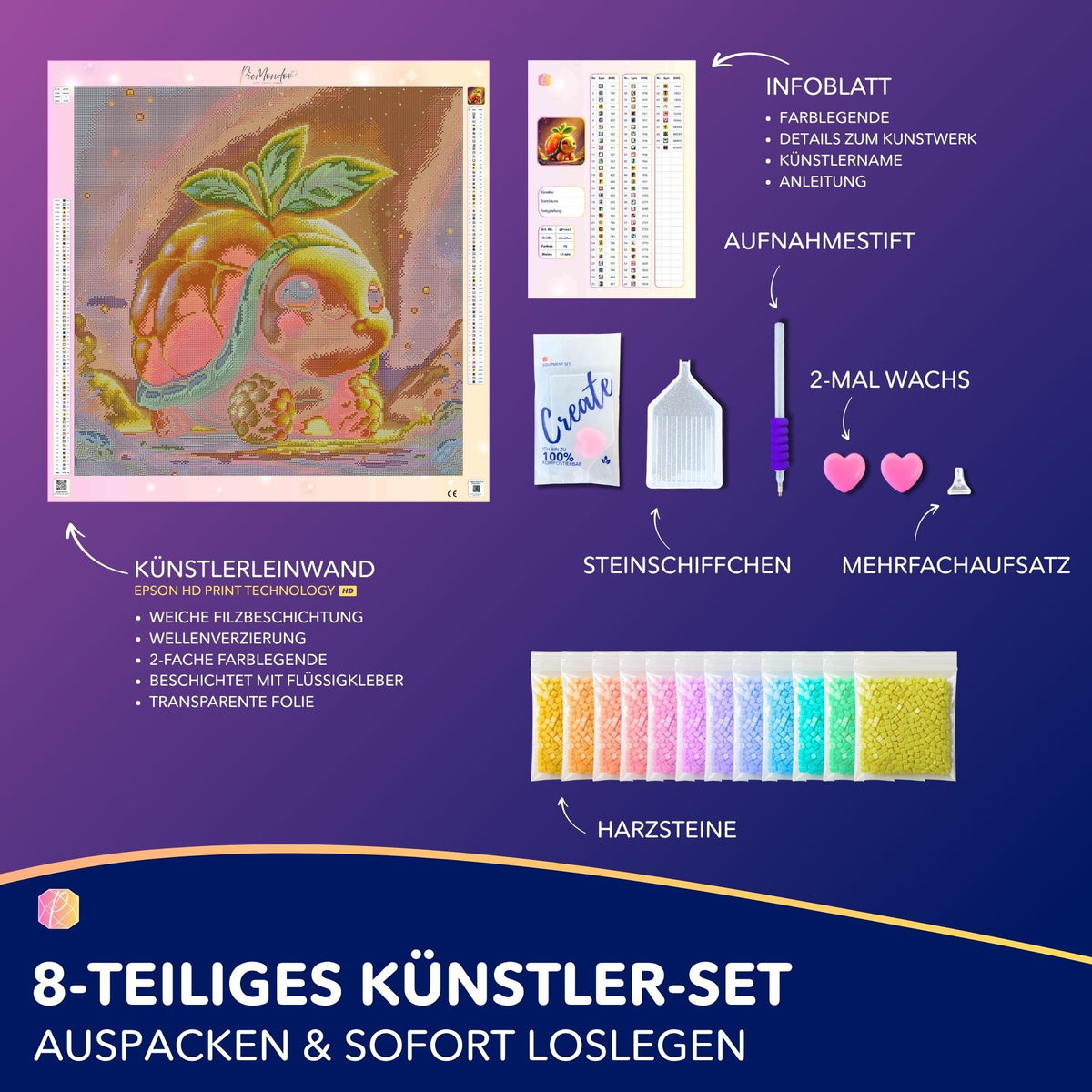 Diamond Painting Set Frutty mit niedlicher Schildkröte als Früchte-Motiv, hochwertiger 8-teiliger Komplett-Bastelset Inhalt