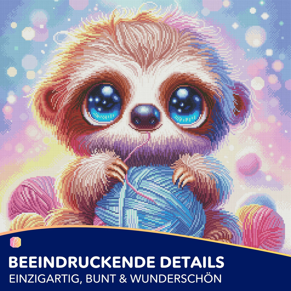 Diamond Painting Set mit süßem Faultier mit großen blauen Augen und Wollknäuel, funkelndes Mosaik-Motiv, 60x60cm