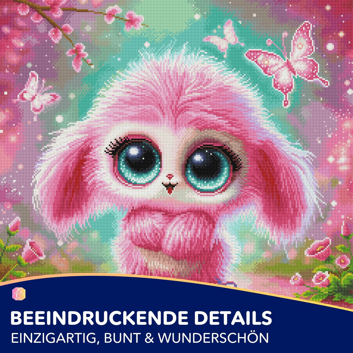 Diamond Painting Set eines süßen, pinken Fluffel Knuffel Wesens mit Schmetterlingen und glitzernden AB-Steinen.