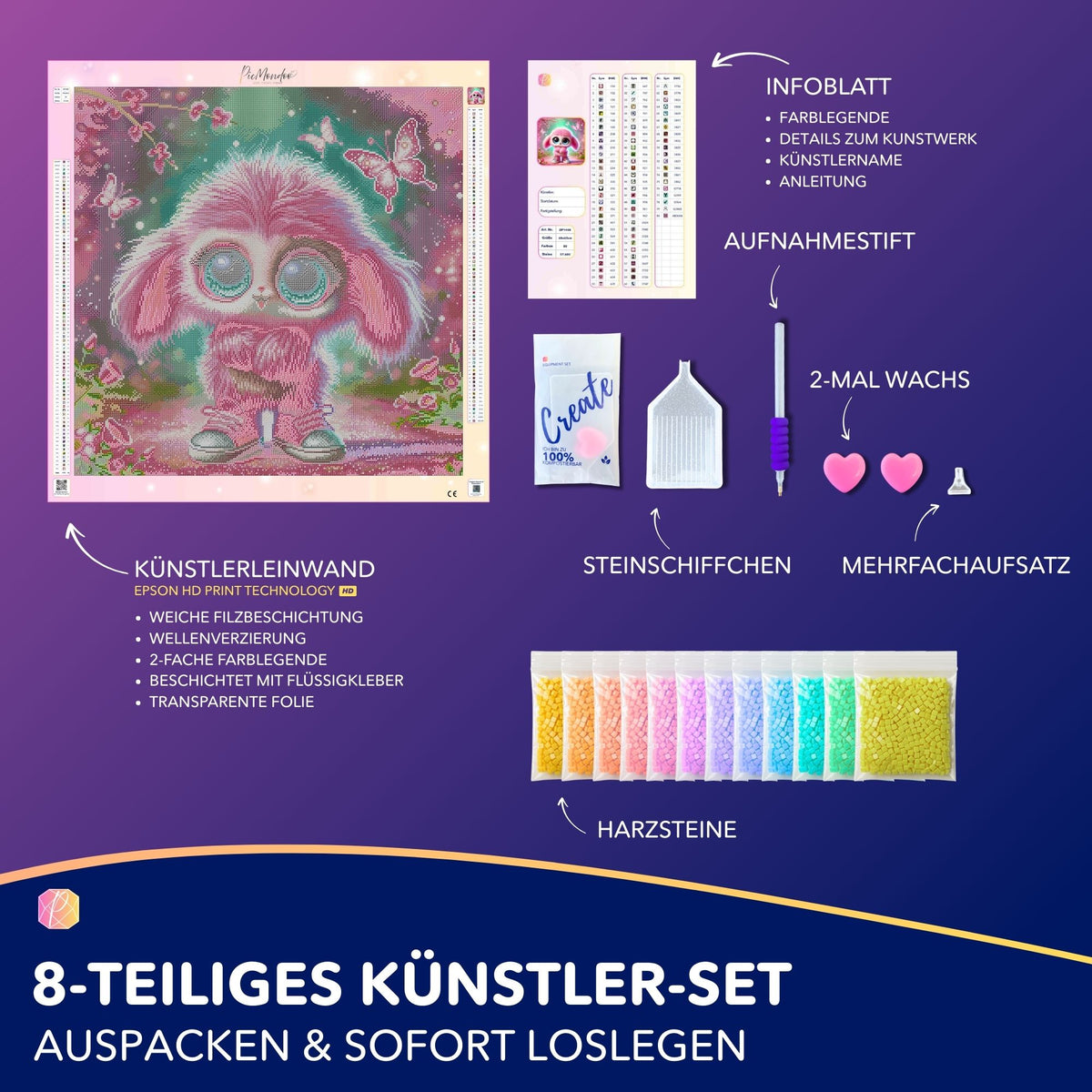 Diamond Painting Set Pink Fluffel Knuffel mit Leinwand, bunten Glitzersteinen, Stift und Zubehör für DIY Kunstwerke.