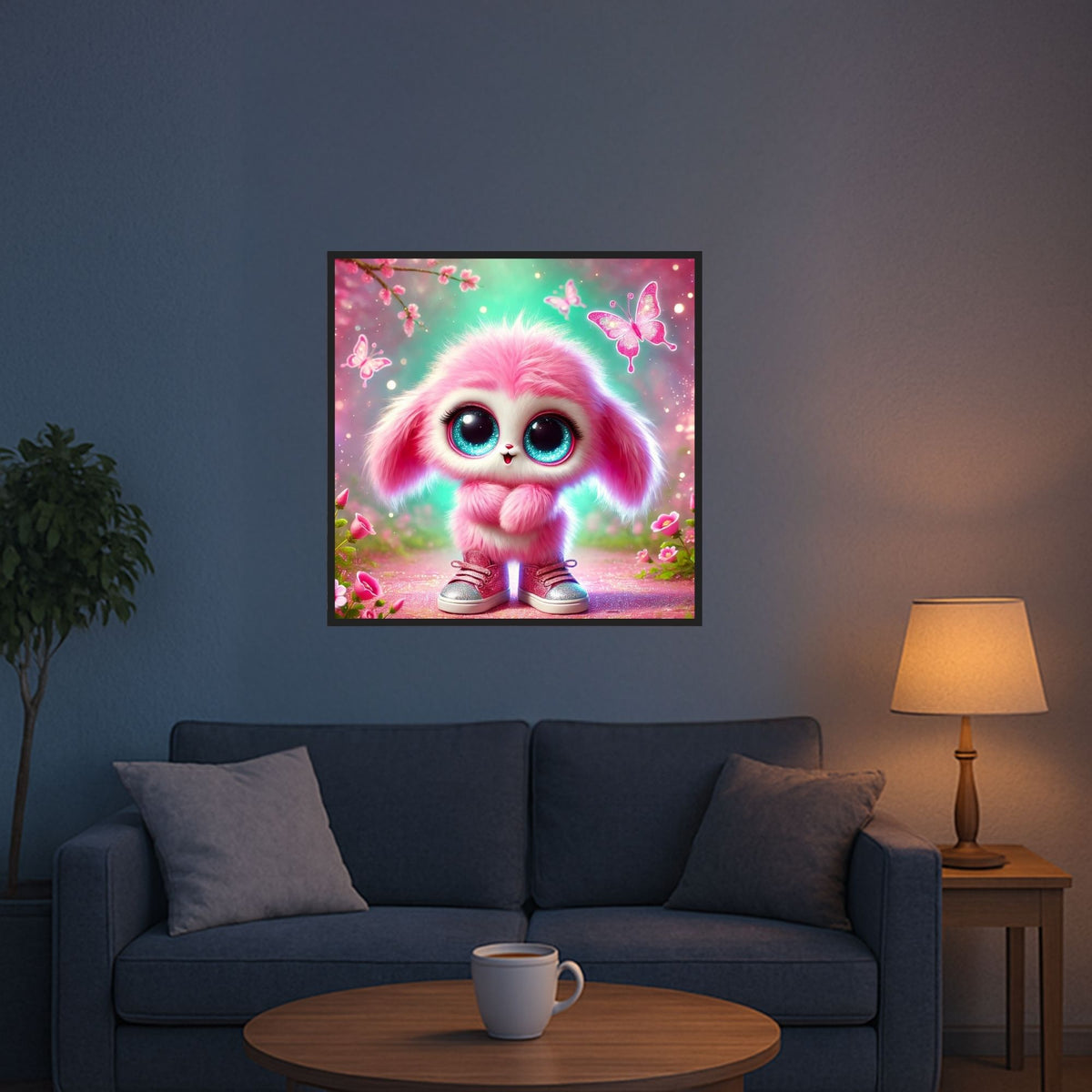 Fertiges Diamond Painting Pink Fluffel Knuffel mit süßem rosa Wesen, Schmetterlingen und glänzenden Steinen